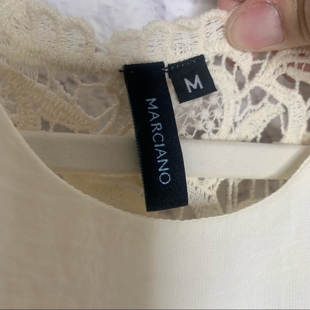 Marciano Ivory Textured Satin Lace Sleeve High Low Shift Dress - Picture 12 of 16